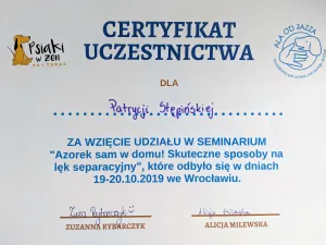 Dyplom Azorek sam w domu! Skuteczne sposoby na lęk separacyjny - Alicja Milewska Zuzanna Rybarczyk