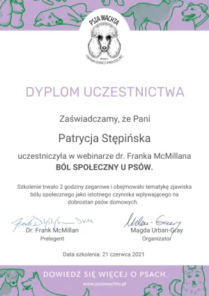 Dyplom Ból społeczny u psów - Frank McMilan