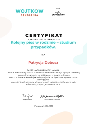 Dyplom Kolejny pies w rodzinie - Wojtków Szkolenia