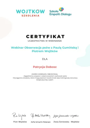 Dyplom Obserwacja-psów-z-Paulą-Gumińską-i-Piotrem-Wojtków - Wojtków Szkolenia