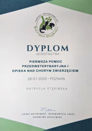 Dyplom Pierwsza pomoc przedweterynaryjna i opieka nad chorym zwierzęciem - Katarzyna Gryglewska