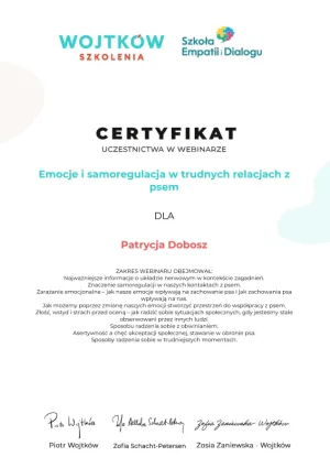 Dyplom Samoregulacja w trudnych relacjach z psem - Wojtków Szkolenia