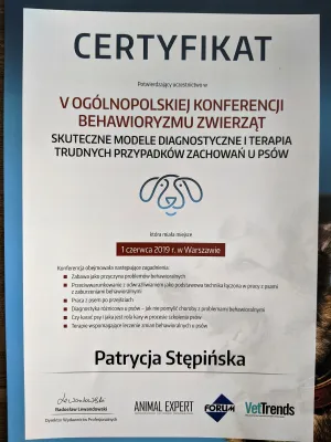 Dyplom Skuteczne modele diagnostyczne i terapia trudnych przypadków zachowań u psów - V Ogólnopolska konferencja behawioryzmu zwierząt