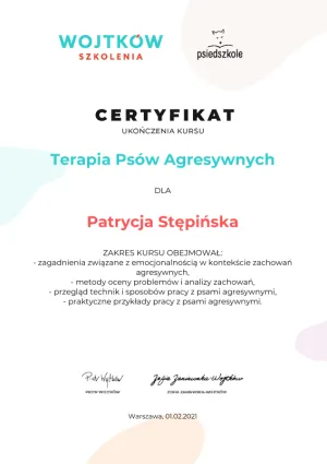 Dyplom Terapia-psów-agresywnych- Wojtków-Szkolenia