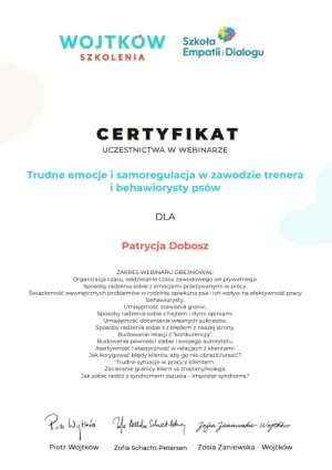 Dyplom Trudne emocje i samoregulacja w zawodzie trenera i behawiorysty psów - Wojtków Szkolenia