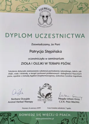 Dyplom Zioła i olejki w terapii psów - Barbara Oczujda - Psia Wachta