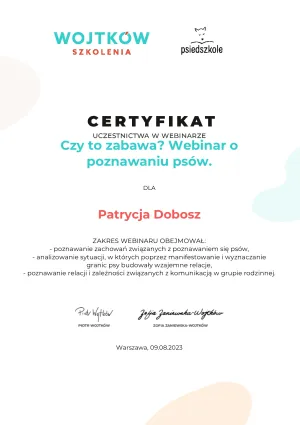 Dyplom Czy to zabawa Webinar o poznawaniu psów - Wojtków Szkolenia