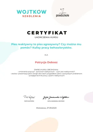 Dyplom Pies reaktywny czy mozna mu pomoc- - Kulisy pracy behawiorystow.-Wojtkow Szkolenia