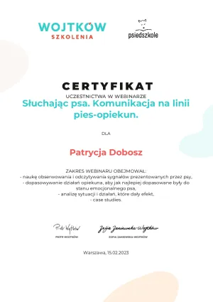 Dyplom Sluchajac psa. Komunikacja na linii pies opiekun - Wojtków Szkolenia